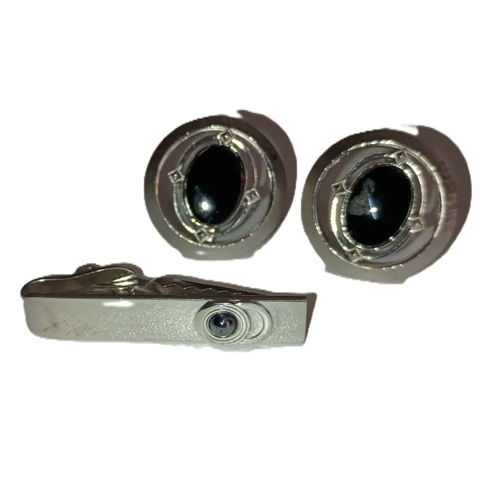 Vintage Cufflinks & Tie Pin Set - Silver Toned with Round Black Insert